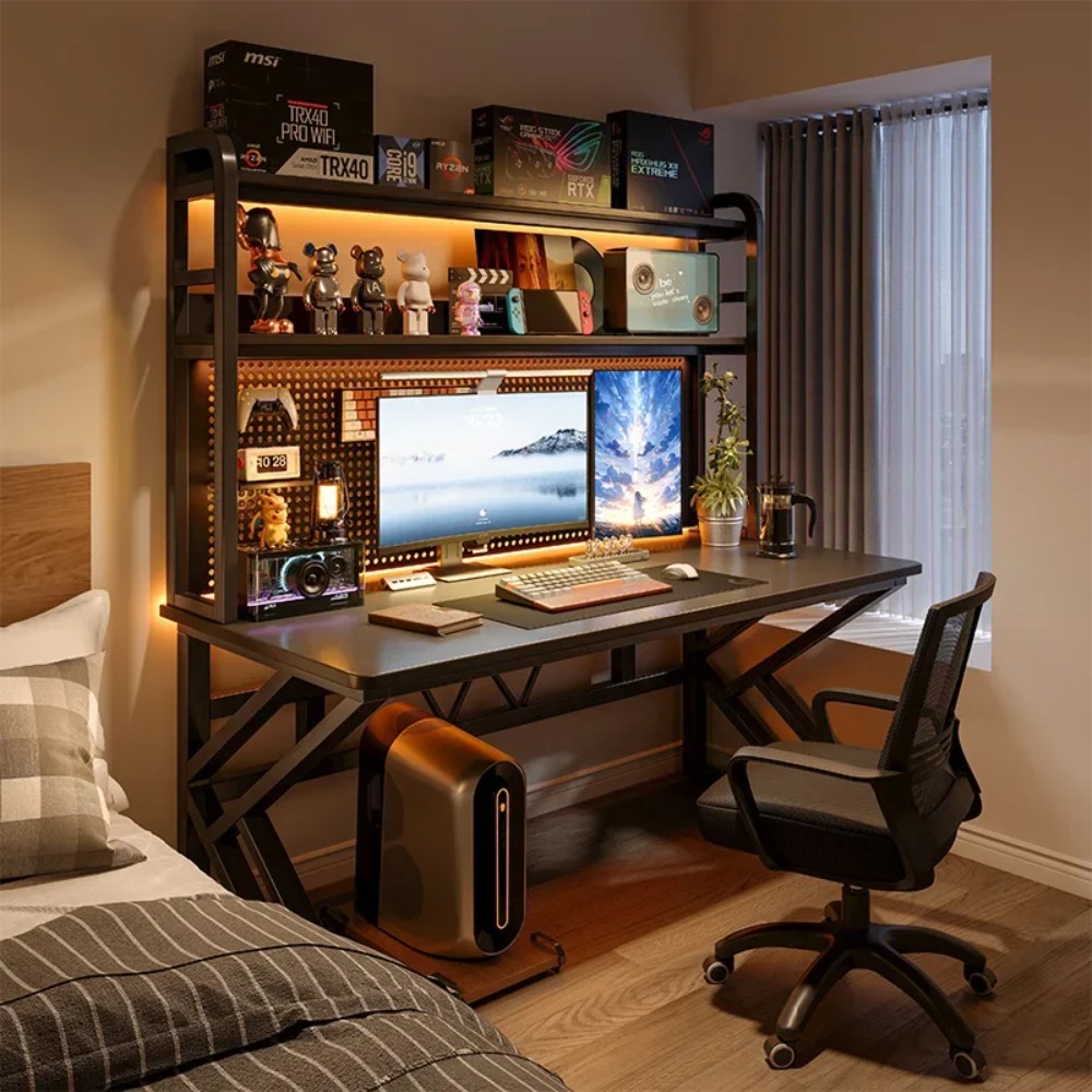 Office Furniture For Small Spaces - Gaming Desk with Bookshelf and Pegboard