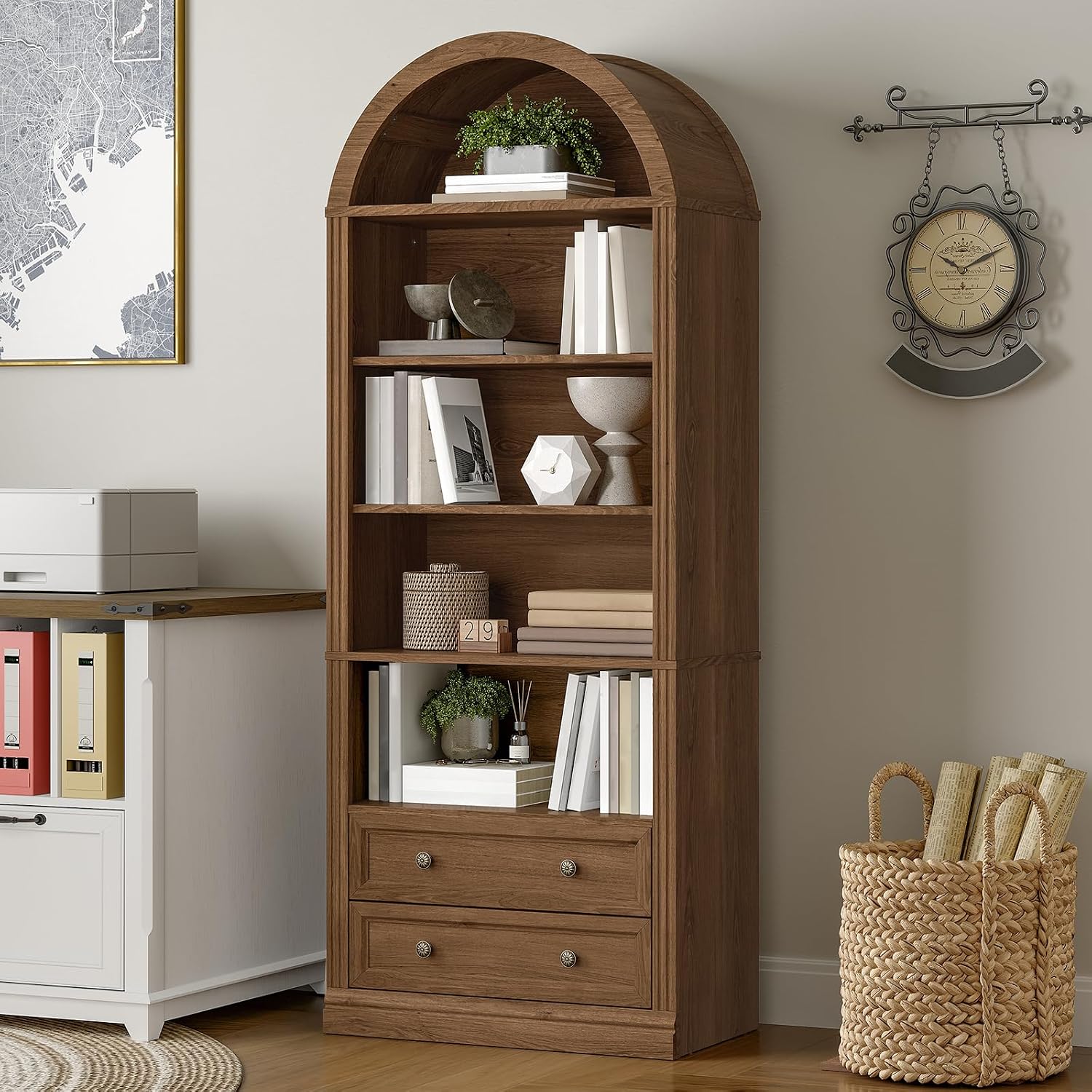 Office Furniture Custom - Arched Bookshelf 7 Tiers 2 Drawers